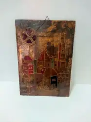 Vintage Jerusalem Judaica Plaque Wall Hanging Brass on Wood Hand Made & Colored
