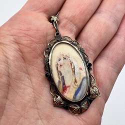 Antique Christian Pendant Icon Mary Maria Gilt Silver 800 Sapphire Hand Painted
