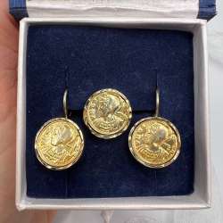 Vintage Gilt Sterling Silver 925 Women's Set of Stud Earrings Ring Italy Coins