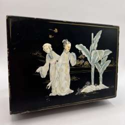Black Vintage Asian Japan Geisha Mother of Pearl Jewelry Box Hand Painted Lining