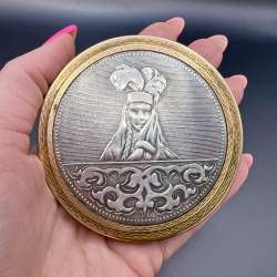Vintage Soviet Vanity Face Puff Powder Box Compact Case Mirror Brass Enamel