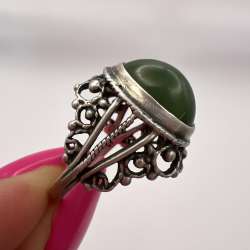 Vintage USSR Sterling Silver 875 Women's Jewelry Ring Nephrite Jade Stone S 6.5