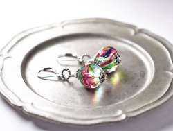 Large Nntique Iris Glass and Greek  Silver Bell Earrings Antique Vintage Earings