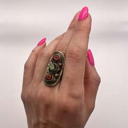 Massive Antique Ethnic Bedouin Yemen Silver Coral Green Turquoise Handmade Ring