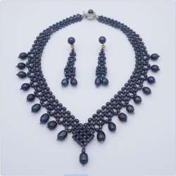 Fresh Water Single Row Black Colour Pearls Jali Set Rare Vintage Antique Oval