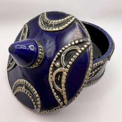Vintage Antique Art Pottery Hand Etched Silver Cobalt Glaze Vanity Trinket Box