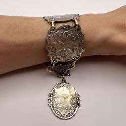 Big Antique Silver Plated Jewelry Bracelet Chatelain Cervantes Don Quixote Spain