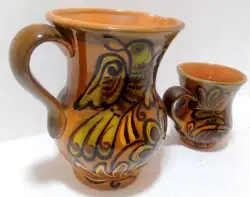 ART UKRAINIA Vintage Set 2 Ceramic Hand Painted Brown Colorful Pitcher Jug & Mug