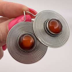 Huge Vintage Sterling Silver 925 Women's Jewelry Stud Earrings Cornelian Stone