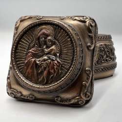 Mary Holding Jesus Trinket Box Polystone Bronze Religious Gift Decor Home
