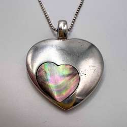 Large Vintage Sterling Silver 925 Abalone Women's Pendant Heart Signed 22.5g