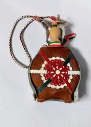 Vintage Natural Flask Bottle Empty Handmade Leather Goat wooden Folk Art Water