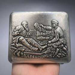 1952 Vintage USSR Cigarette Case Tobacco Box Engraved Silver Plated Hunters