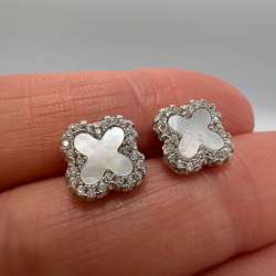 Sterling Silver 925 Women's Jewelry Stud Earrings Clover Mothe of Pearl Marked