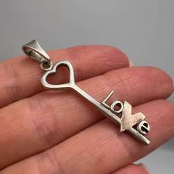 Fine Vintage Women's Jewelry Pendant Key Love Sterling Silver 875 Gold 9K Marked