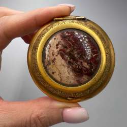Vintage USSR Vanity Face Puff Powder Box Compact Case Gilded Brass Jasper Stone