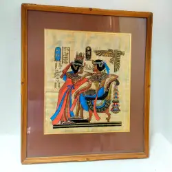Vintage Papyrus Hand Painted Egyptian Art Pharaoh Queen Goddess glass wood Frame
