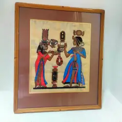 Vintage Papyrus Hand Painted Egyptian Art Pharaoh Queen Goddess Glass Wood Frame