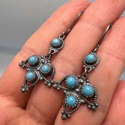 70's Vintage USSR Niello Silver 875 Womens Jewelry Ethno Drop Earrings Signed 5g