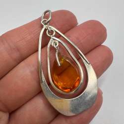 Vintage Style Sterling Silver Teardrop Amber Pendant - Handmade Jewelry