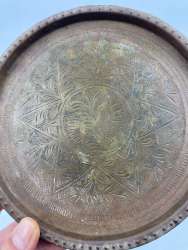 Antique Ornate Indian Brass Vintage Decorative Carved Copper Tray 8 in