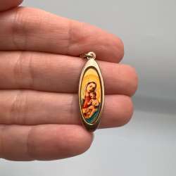 Vintage 14K Gold 585 Virgin Mary & Baby Jesus Enamel Pendant Religious Jewelry