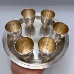 Vintage USSR Collectible Silver Plated Set of 6 Vodka Cognac Shot Cups & Tray