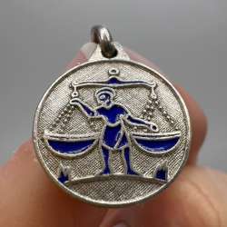 Vintage Silver 835 Enamel Jewelry Pendant Medal Charm Zodiac Sign Libra Balance