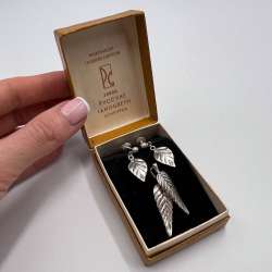 1980s Vintage USSR Jewelry Set Leaves Silver 875 / 916 Stud Earrings Pendant Box