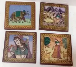 Vintage Lot of 4 Handmade Indian Sheesham Wood Brass Gemstone Art Small Plate