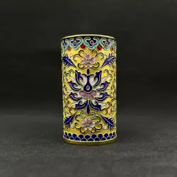 Beautiful Vintage Pen Holder Enamel Cup Brass Flower Hand Drawing Office Decor