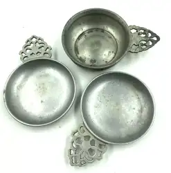 Vintage Set Of 3 STEDE Horse Stamp Pewter Porringer Dish W Filigree Handle 3.9