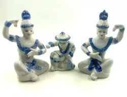 Vintage Set of 3 Thai Siamese Porcelain White Blue Gold Temple Dancer Figurines