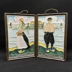 1940 Vintage Pair frame Marken Royal Delft Tile Majolica Ceramic Plates marriage