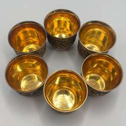 Vintage USSR Filigree Gilded Nickel Silver Shot Glasses Set of 6 Mstera Hallmark