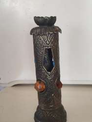 Antique Copper Candle Holder with One Candle, Decorated with Glass Beads