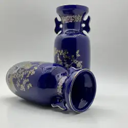 Vintage Pair Of Vases Cobalt Blue Porcelain Hand Painted Peacock Glazing Japan