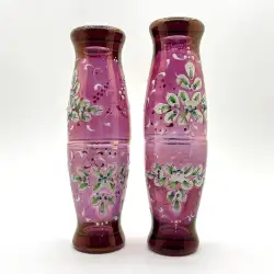 Vintage Set Of 4 Cups Purple Art Nouveau Bohemian Handmade Flowers Drawn Czech