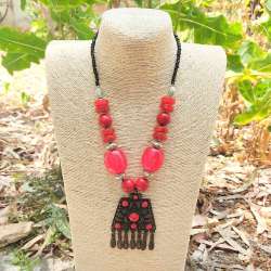 Tribal Brass Vintage Handmade Pendant Necklace Plastic Beads Ethnic Tibetan