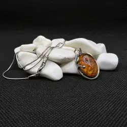 Vintage Sterling Silver 925 Amber Necklace Beads pendant Jewelry For Women 11 Gr