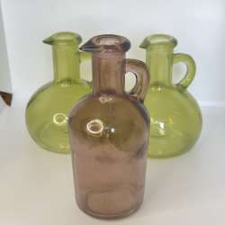 Antique Handcrafted Heavy 2 Green Glass Pitchers & purple Set of Three Vases