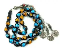 Islamic Prayer 33 Black Beads Cook Rosary Hand Inlaid Turquoise And Amber 71 gr