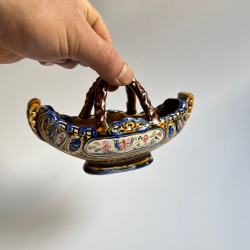 19th Antique Rare 1890 Alhambrian Majolica Pottery Glazed Small Basket Signed