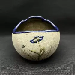Unique Vintage Pottery Handmade Enamel Ashtray Art Decor office Flower Signed