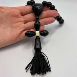 1980 Vintage Christian Handmade Ebonite Prayer Rosary Beads Carved Pendant Cross