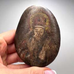 Rare 19th Hand Painted Stone Icon of Saint Nicholas Antique Religious Art Decor