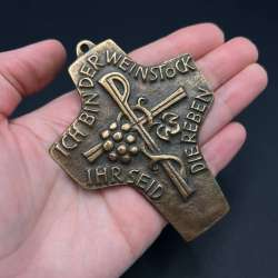 Vintage Bronze Wall Cross Germany 1970s Ich bin der Weinstock Christian Antique