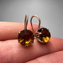 1970s Vintage USSR 875 Silver Gold Plated Stud Earrings with Yellow Stone Dangle