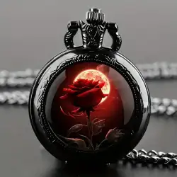 Vintage Rose & Moon Design Quartz Movement Necklace Pendant Pocket Watch
