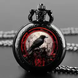 Vintage Black Raven Animal Pattern Design, Black Quartz Pocket Watch - Jewelry